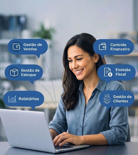 Pessoa utilizando sistema de gestão empresarial no computador, com funcionalidades como vendas, financeiro, estoque, emissão fiscal, relatórios e clientes integrados em uma única plataforma.